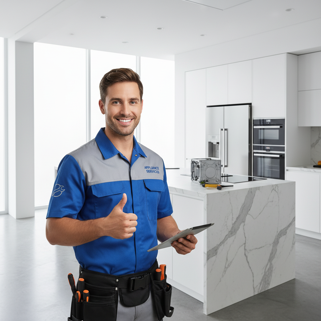 Smiling appliance repair technician in a modern kitchen