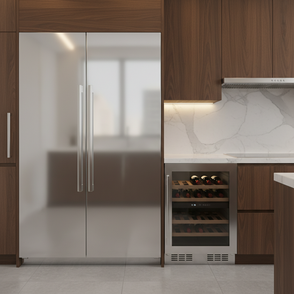 Built-in refrigerator and wine cooler in a high-end kitchen