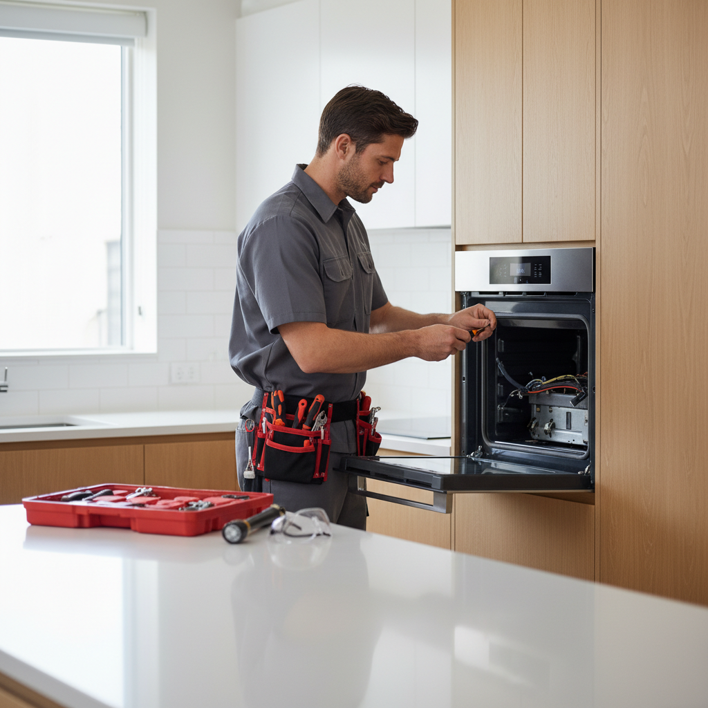 Technician repairing a built-in Bosch oven